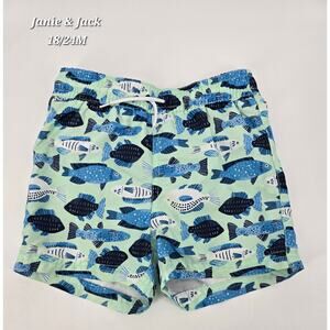 Janie & Jack Boys Swim Trunks Fish Print Blue Green 18–24 Months